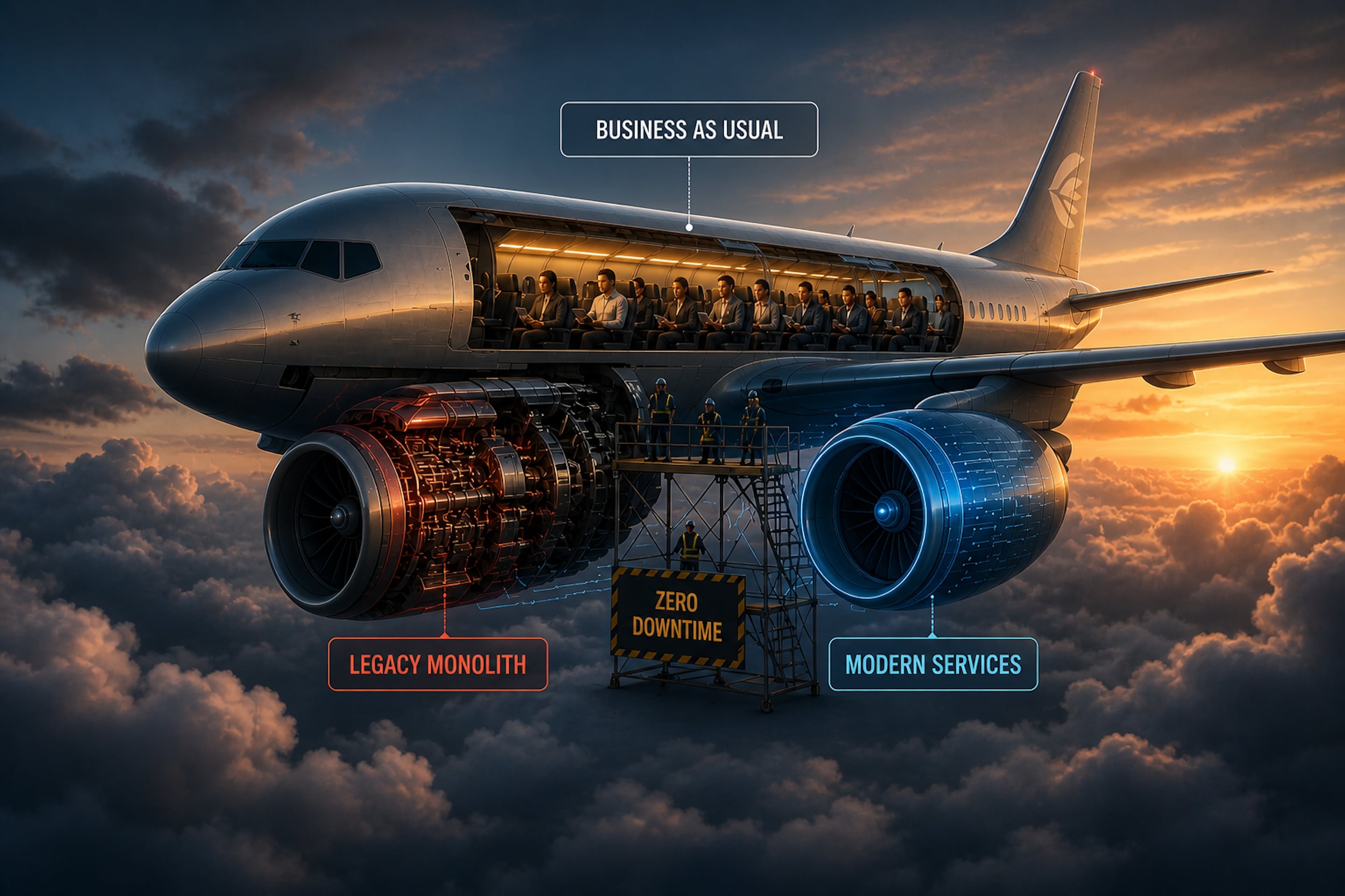 An aircraft engine being replaced mid-flight, representing live system migration without downtime