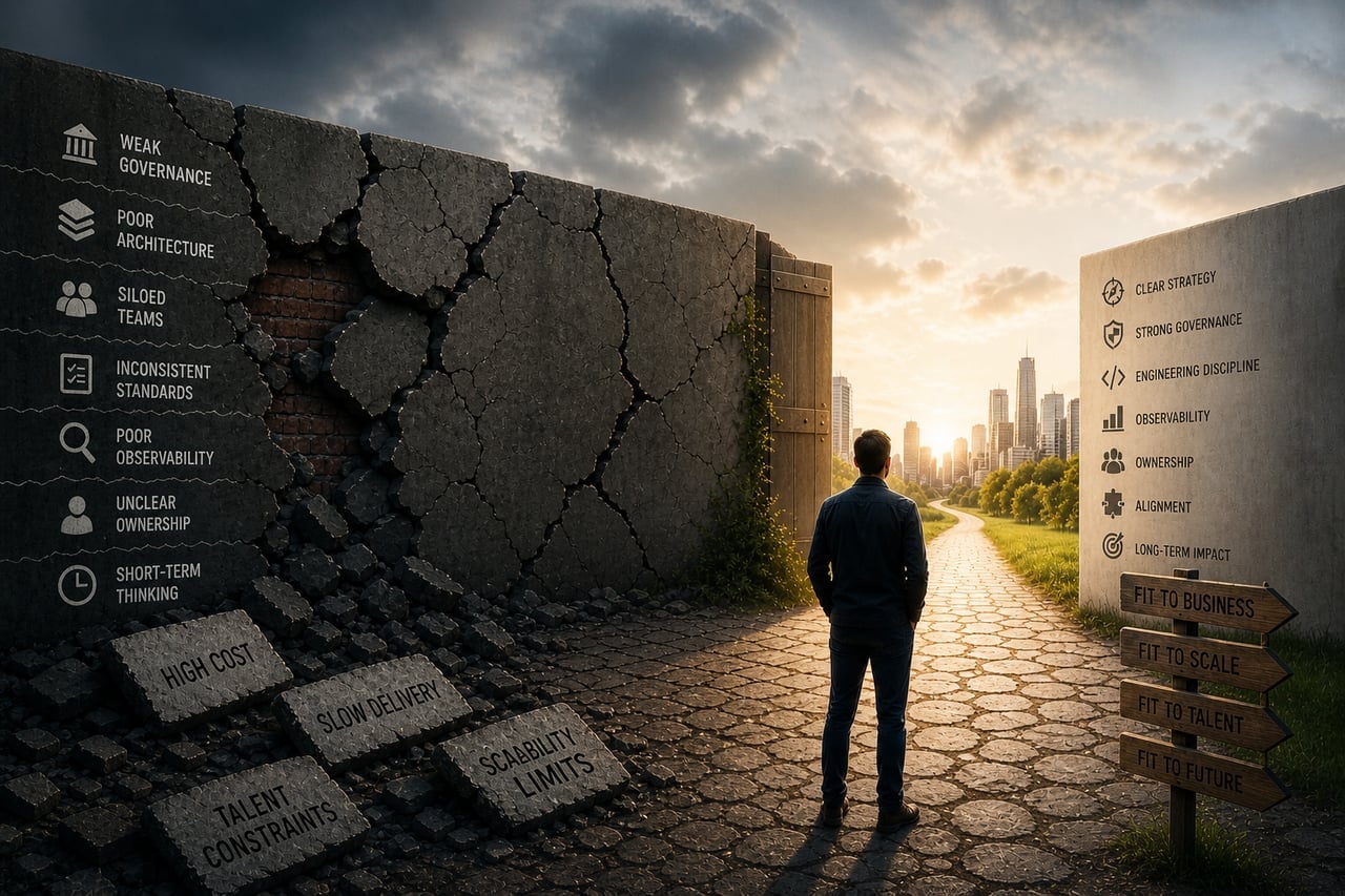 A figure at the threshold between crumbling infrastructure and a golden path forward